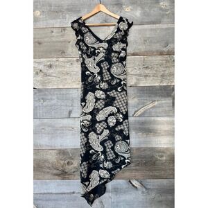 Studio Y VTG 90s Y2K Babydoll V-Neck Flutter Sleeve Midi Dress M Black Paisley